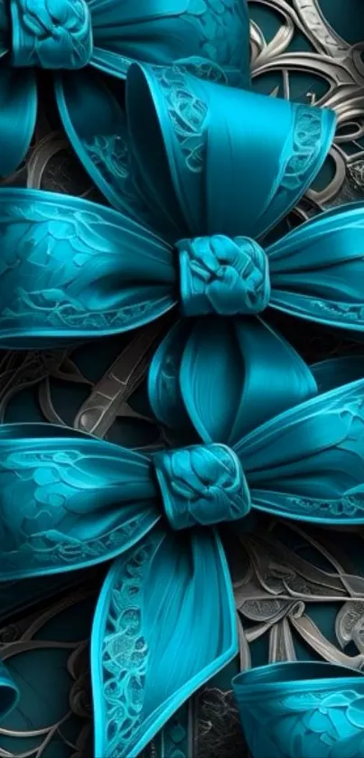 Elegant wallpaper with intricate blue ribbon design on a textured background.