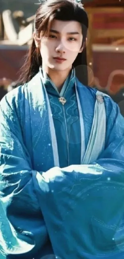 Elegant figure in a blue robe with a traditional backdrop.