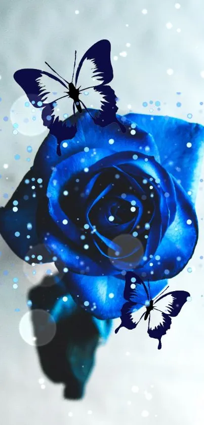 Blue rose with butterflies on a delicate background.