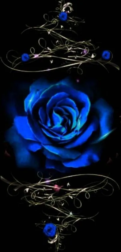 Elegant blue rose on black floral wallpaper.