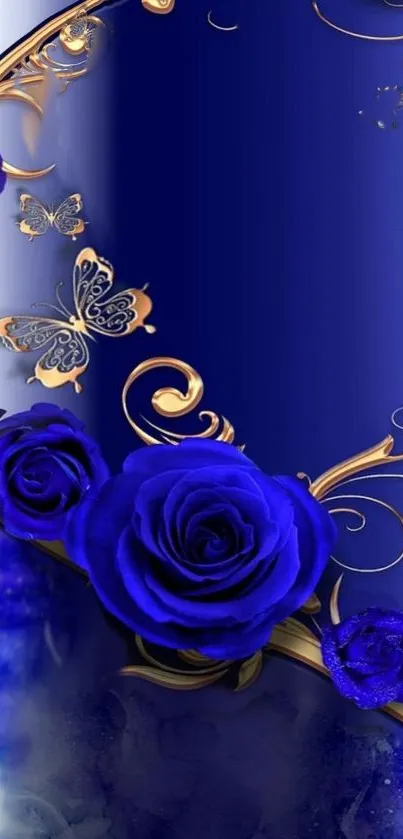 Elegant blue roses with golden butterflies on a luxurious phone wallpaper.