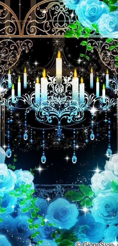 Elegant wallpaper with blue roses and chandelier.