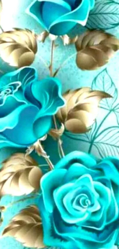 Turquoise roses with golden leaves wallpaper.