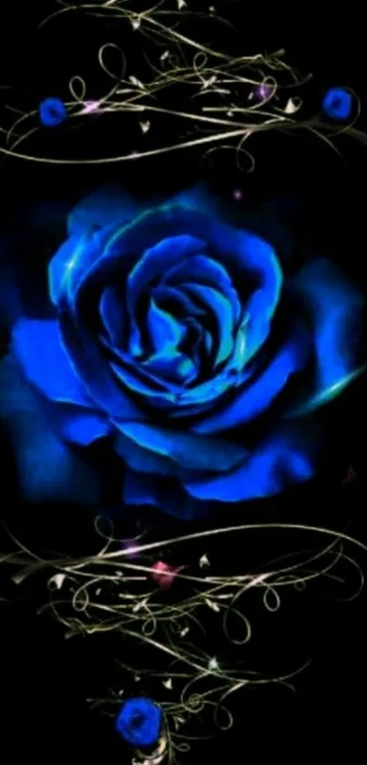 Elegant blue rose design on a black background.