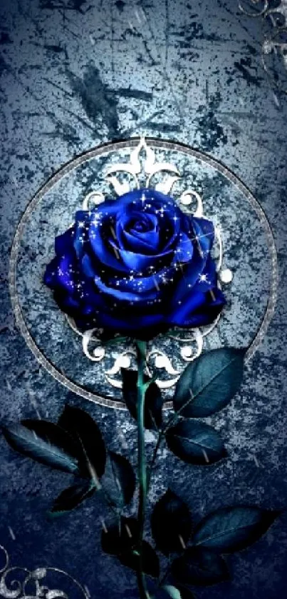 Elegant blue rose with silver details on an artistic background.