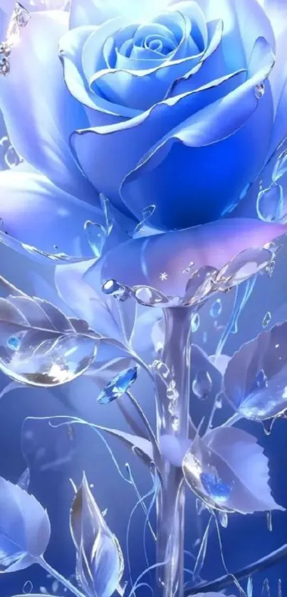 Blue rose with raindrops in elegant design.