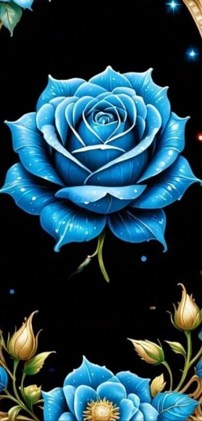 Blue rose with gold frame on elegant background.