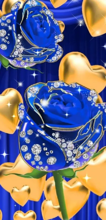 Blue rose with gold hearts on a vibrant background.