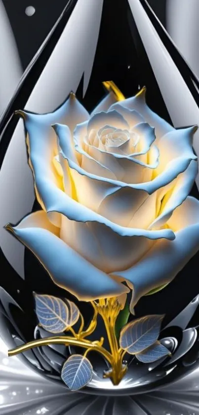 Elegant blue rose inside a glossy droplet on a mobile wallpaper.