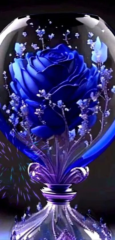 Blue rose in glass art with floral details.