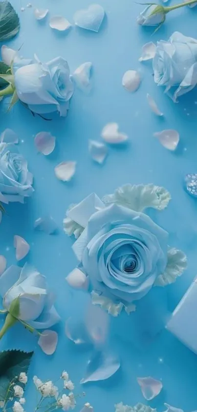 Elegant blue rose wallpaper with petals and soft floral elements.