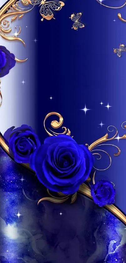 Elegant wallpaper with blue roses and golden accents.