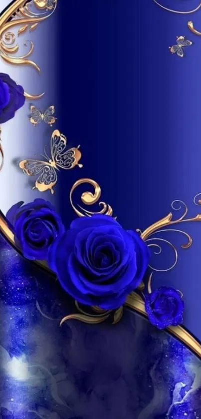 Elegant blue rose wallpaper with golden swirls and butterflies.