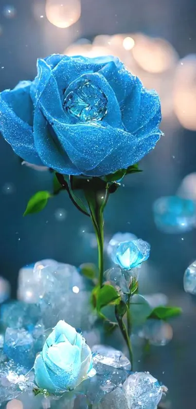 Elegant dewy blue rose with sparkling crystals on a serene background.