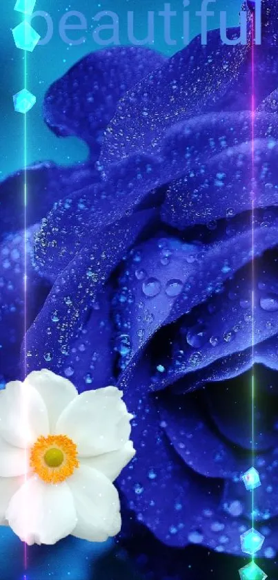 Blue rose with dewdrops and a white flower on a serene background.