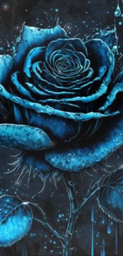 Blue rose with drips on dark background.