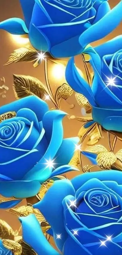 Elegant blue roses with golden leaves wallpaper for mobile phones.