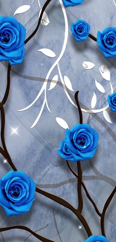 Mobile wallpaper with vibrant blue roses on a subtle gray background.