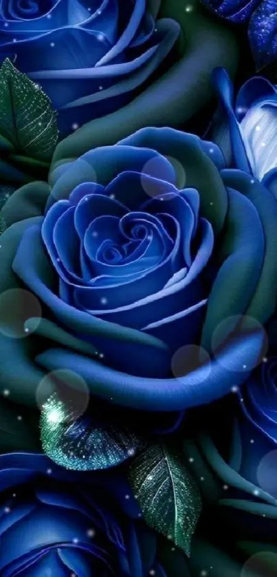 Elegant blue roses with lush green leaves wallpaper.