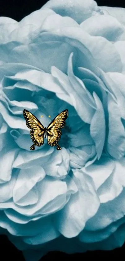 Blue rose with a golden butterfly overlay on a dark background.