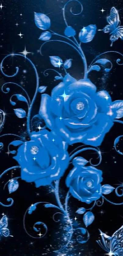 Blue roses and butterflies on a dark wallpaper.