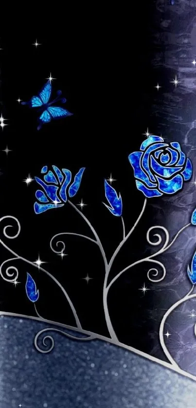 Elegant blue rose with butterflies and metallic swirls on a dark background.