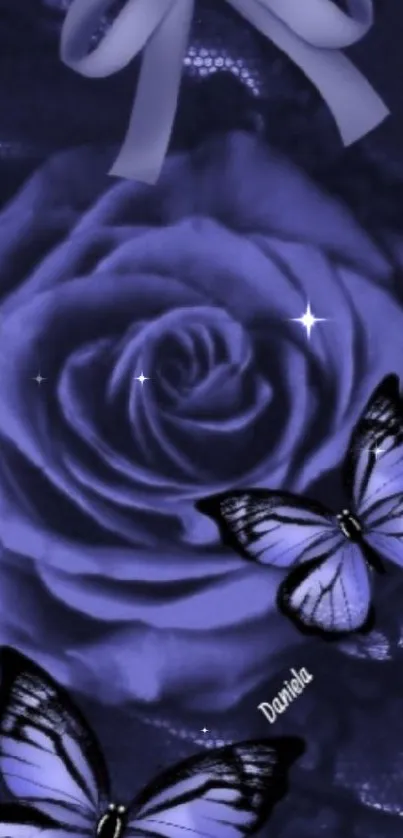 Blue rose and butterflies on a mobile wallpaper.