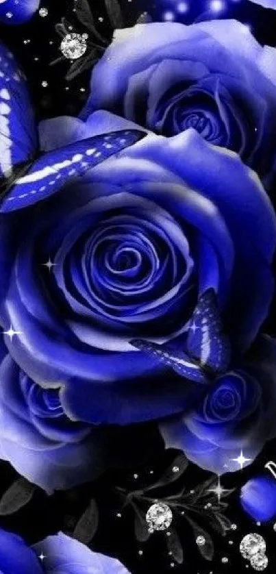 Wallpaper with blue roses and butterflies on black background.