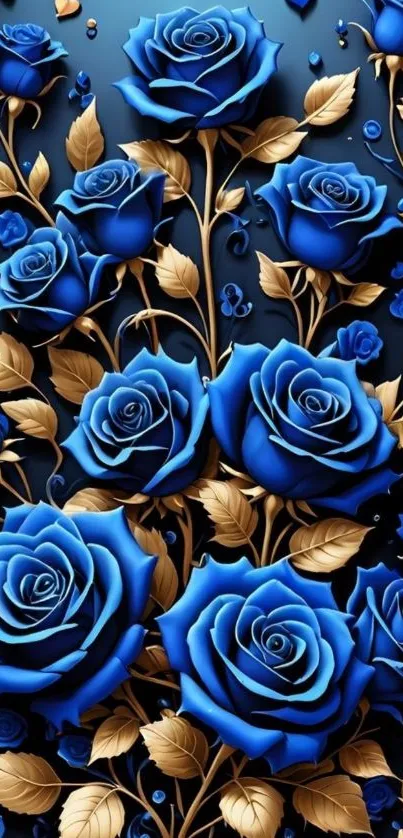 Blue roses with golden leaves wallpaper.