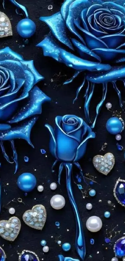 Elegant blue roses with pearls and gemstones in a luxurious wallpaper design.