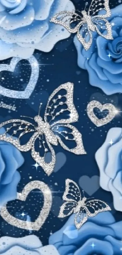 Blue roses and butterflies mobile wallpaper with a sparkling design.