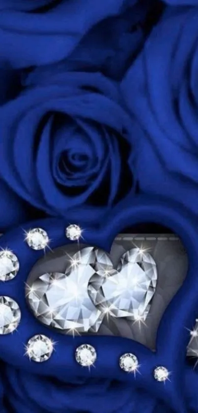 Elegant blue roses and diamond hearts wallpaper.