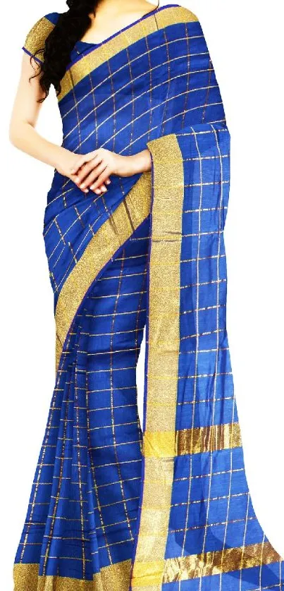 Blue saree with golden accents on white background.