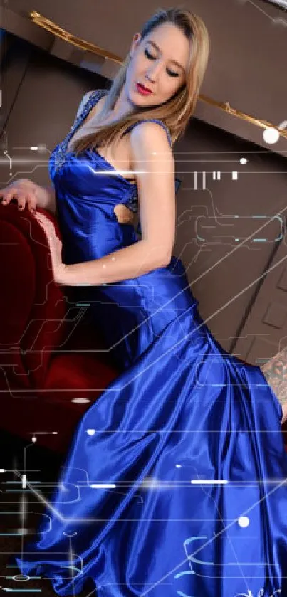 Woman posing in elegant blue satin dress on red couch.