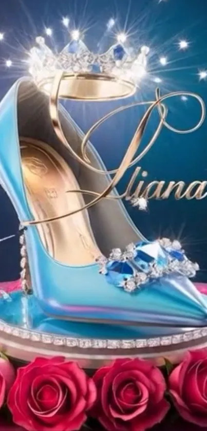 Elegant blue shoe with sparkling details and floral elements.