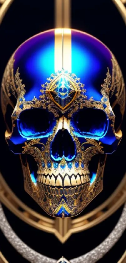 Elegant mobile wallpaper with blue skull and gold details.