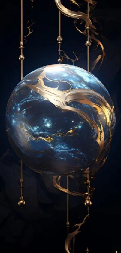 A mystical blue sphere with elegant golden accents on a dark background.