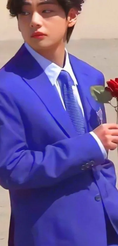 Person in blue suit with red rose, standing elegantly.