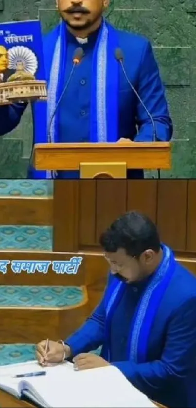 Politician delivering a speech while holding a book on the Constitution, wearing a blue suit.