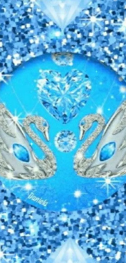 Elegant blue wallpaper with swans and diamonds.