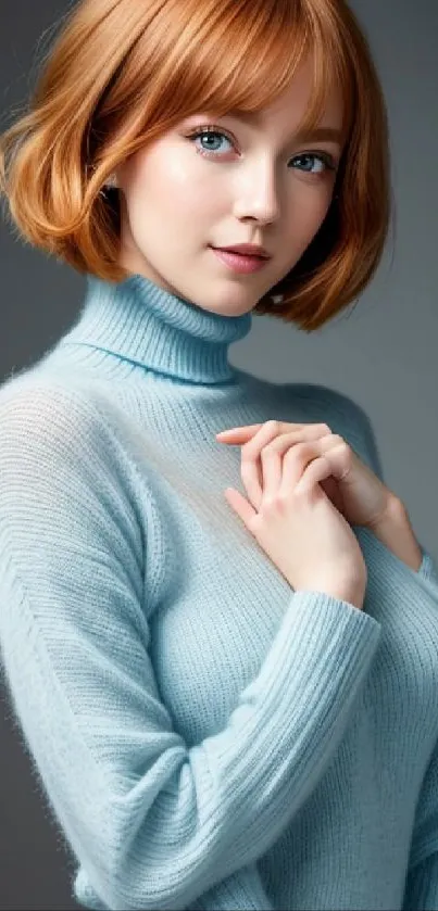 Young woman in a light blue sweater, posing confidently against a neutral background.