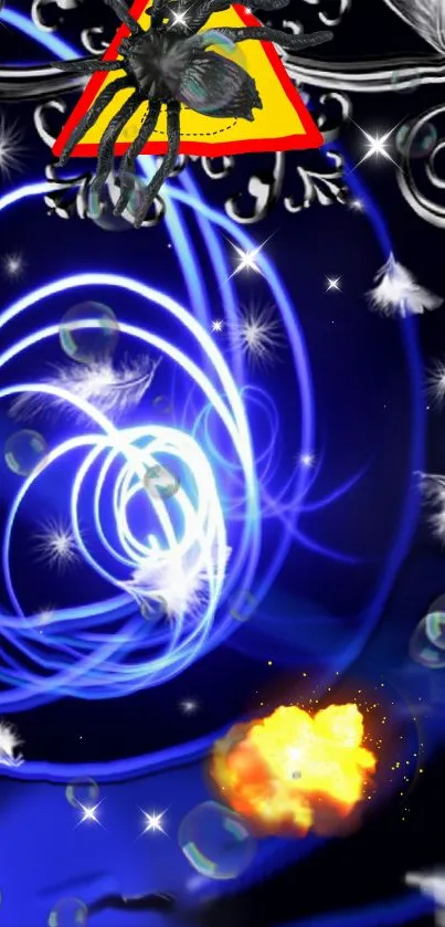 Elegant blue swirl mobile wallpaper with silver designs and glowing elements.