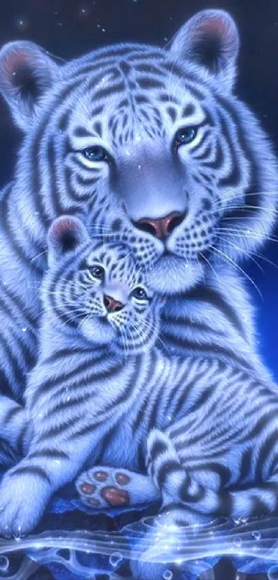 Blue-hued tiger and cub in elegant artwork.