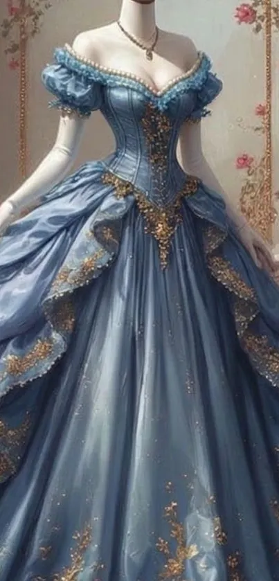 Elegant blue Victorian gown with gold accents in a classic setting.