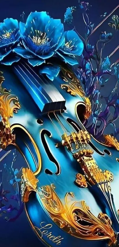Elegant blue violin with gold details and floral accents on a dark background.