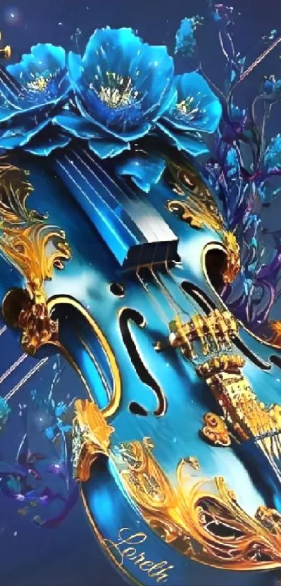 Blue violin with gold floral design and vibrant background.