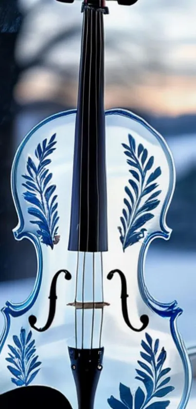 Close-up of an elegant blue violin with intricate patterns.