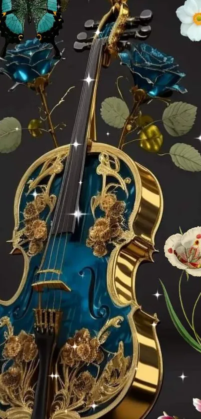 Blue violin with golden decor and floral design on dark background.