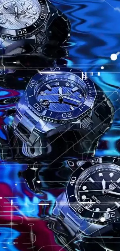 Stylish blue watches on a futuristic background.