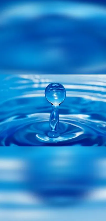 Close-up of a blue water drop, creating ripples in a calm aquatic setting.